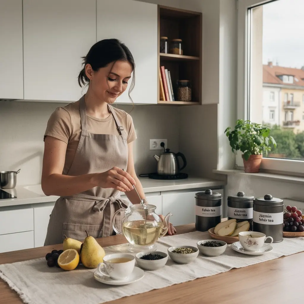 Különböző fehér tea márkák termékfotói a bolt polcán.