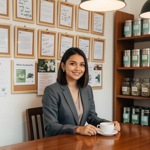 Teabolt polcai, tele fehér tea csomagolásokkal.